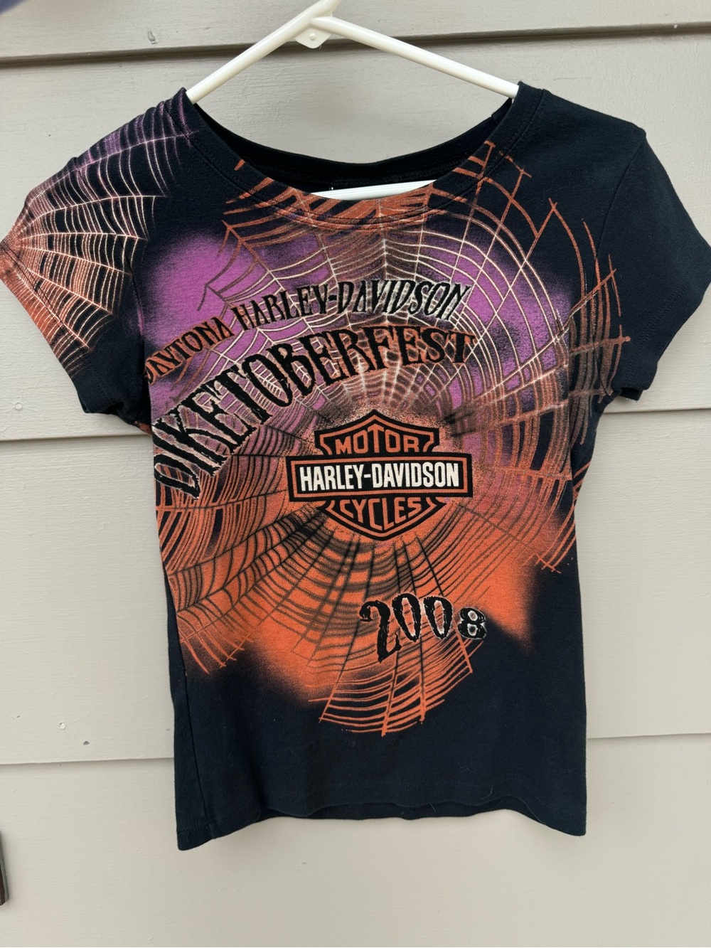 Harley-Davidson Black T-Shirt with Orange and Purple Spiderweb Graphic